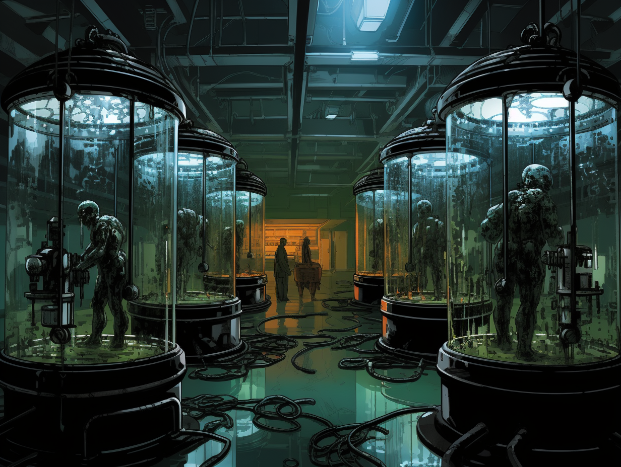 Eerie lab with cybernetic soldiers in fluid-filled cylinders