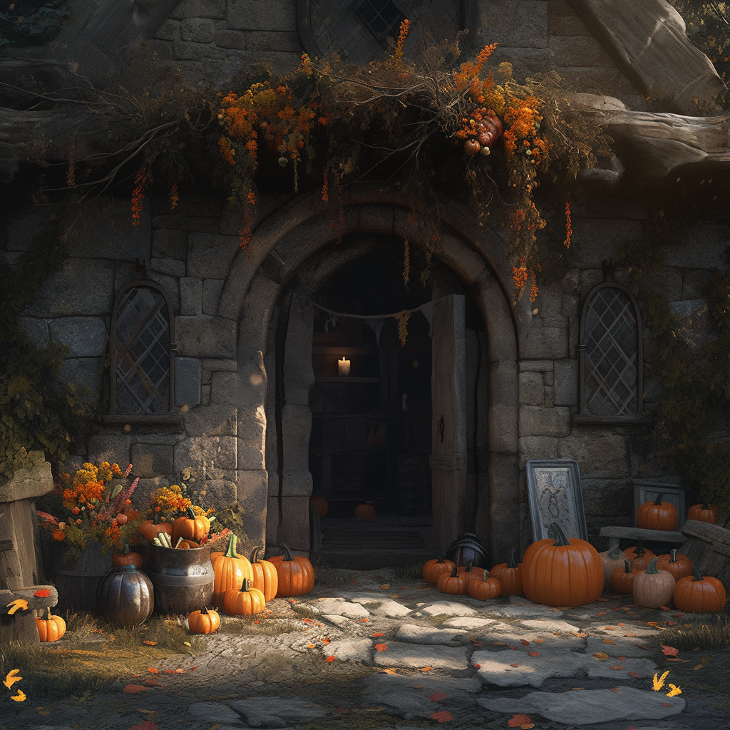 Eerie stone cottage in autumn