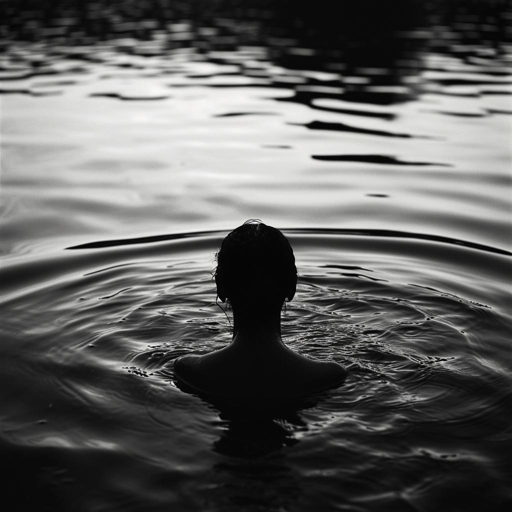 Silhouette emerging from rippling water surface