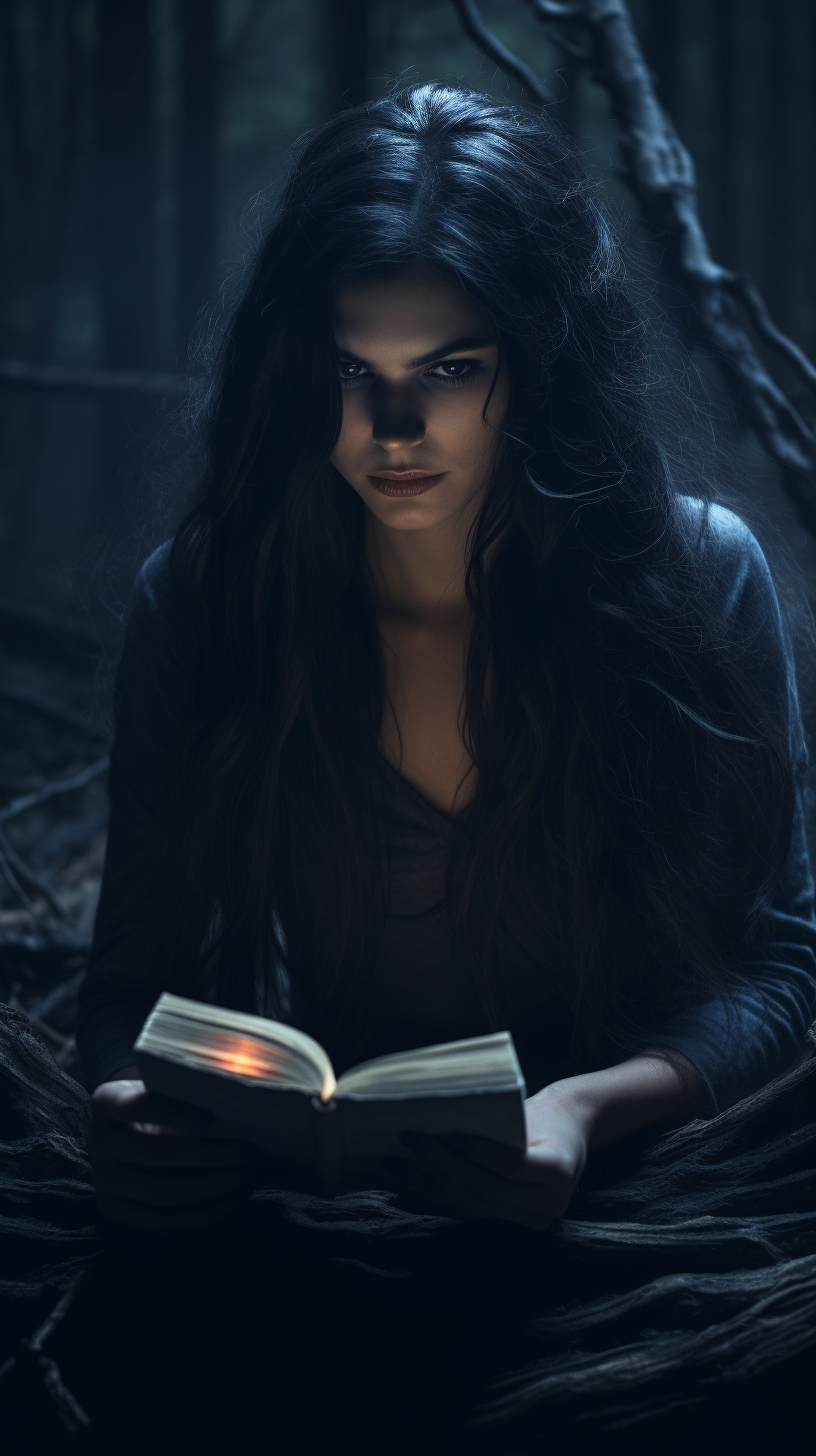 Young witch with torn notebook in dark forest