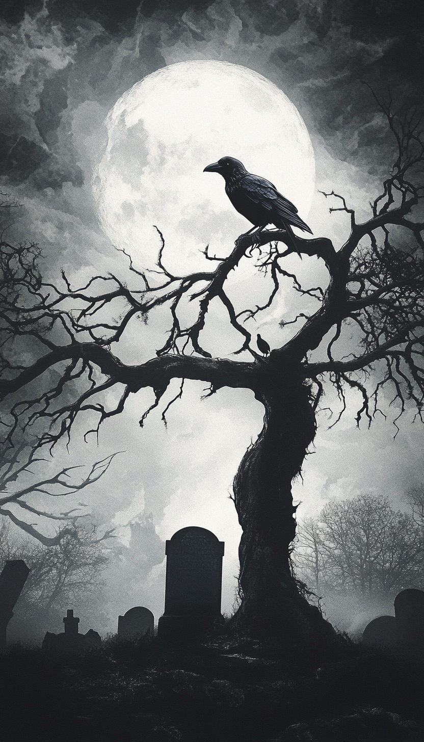 Raven perched on spooky tree