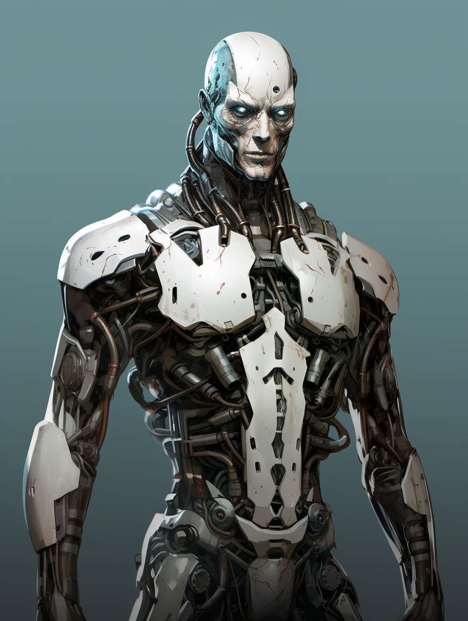 Eerie humanoid with cybernetic parts in comic book style