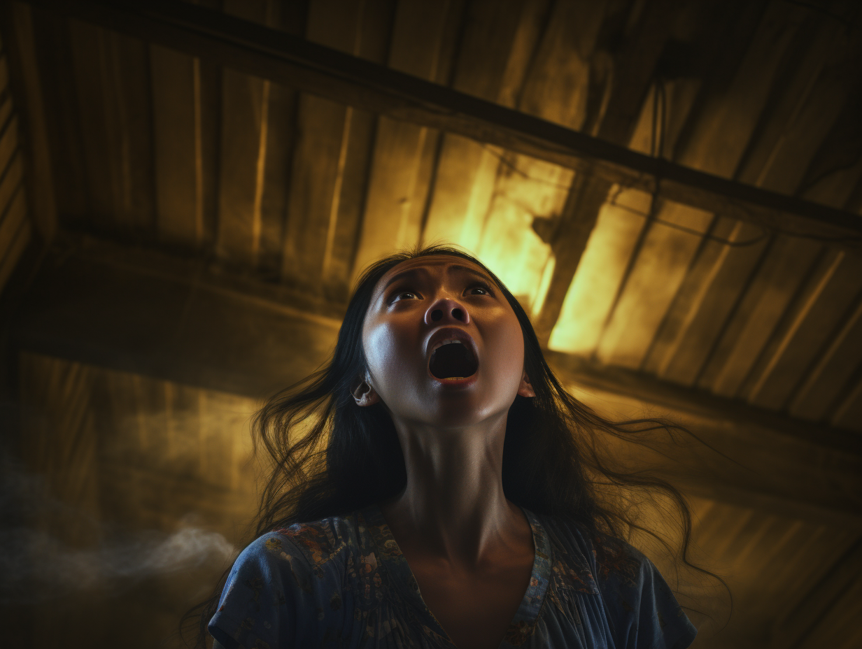 Distressed Filipina girl on ceiling with open mouth