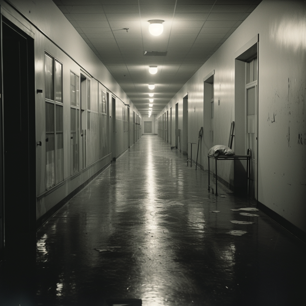 Spooky hospital hallway at night