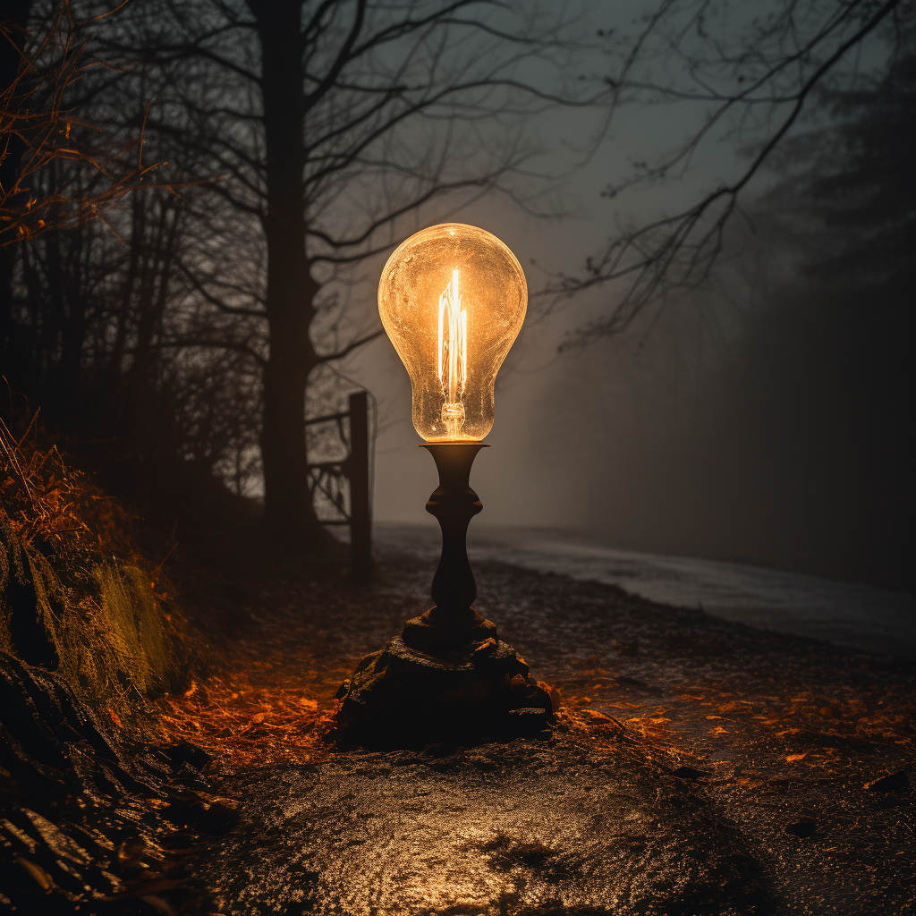 19th century lightbulb on spooky road sign