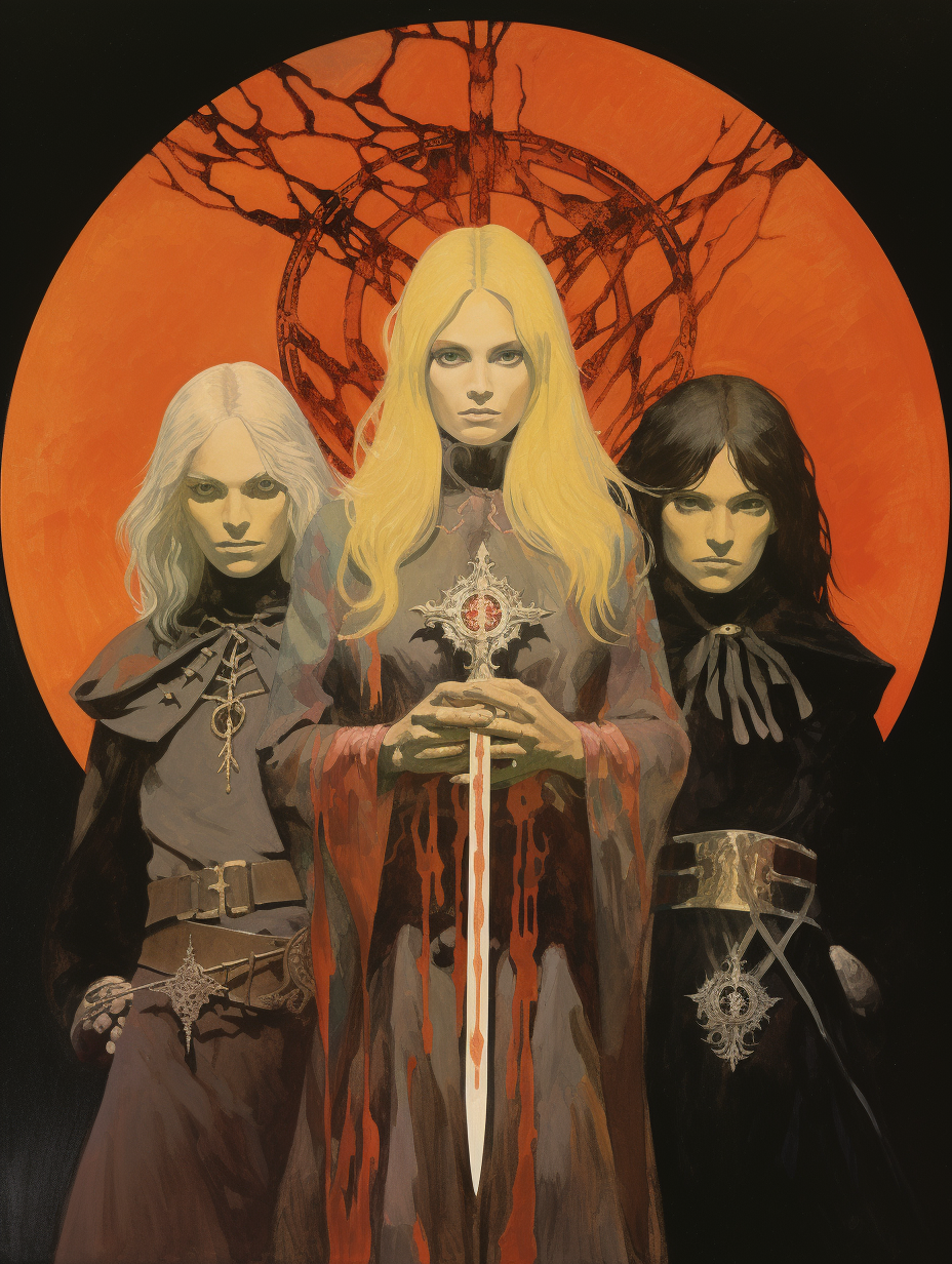 Three sisters of fate with golden thread and scissors