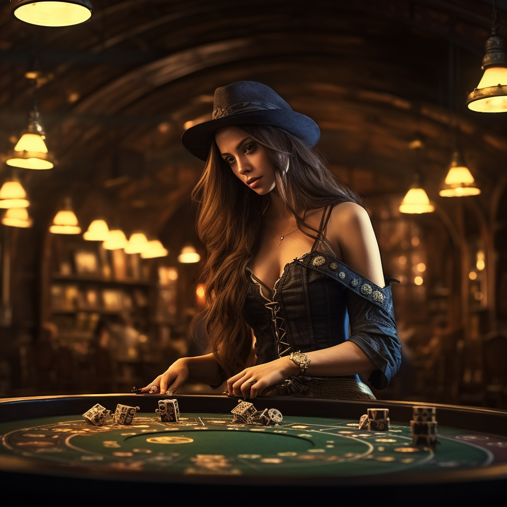 Young girl at roulette table in eerie steampunk casino