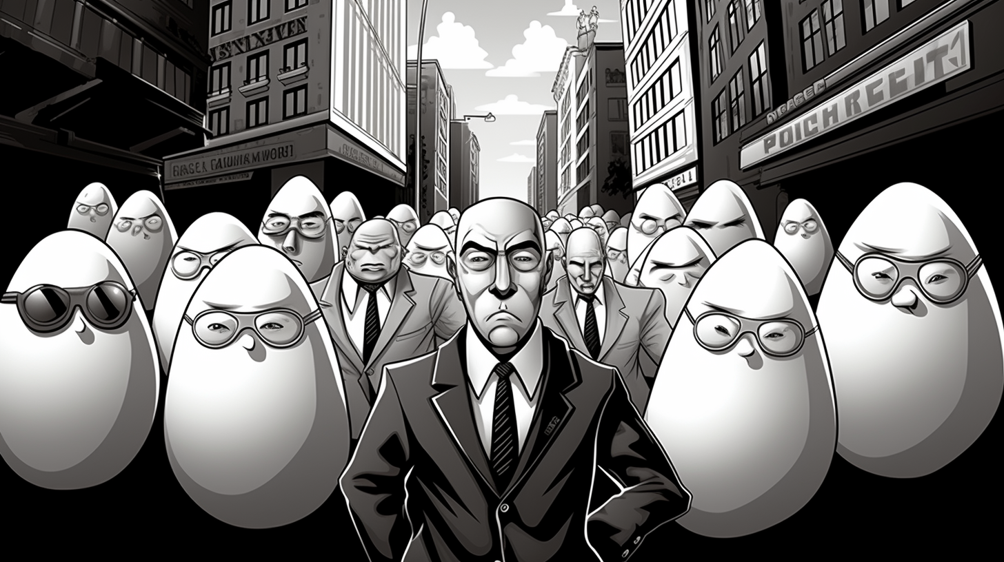 1950s comic book style egg henchmen street scene