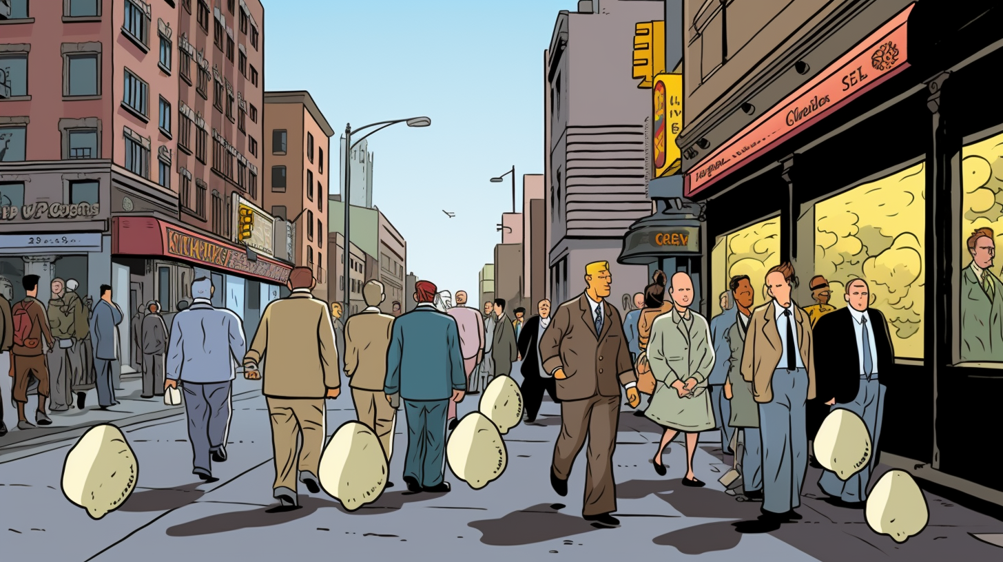 Egg henchmen in 1950s comic book style street scene