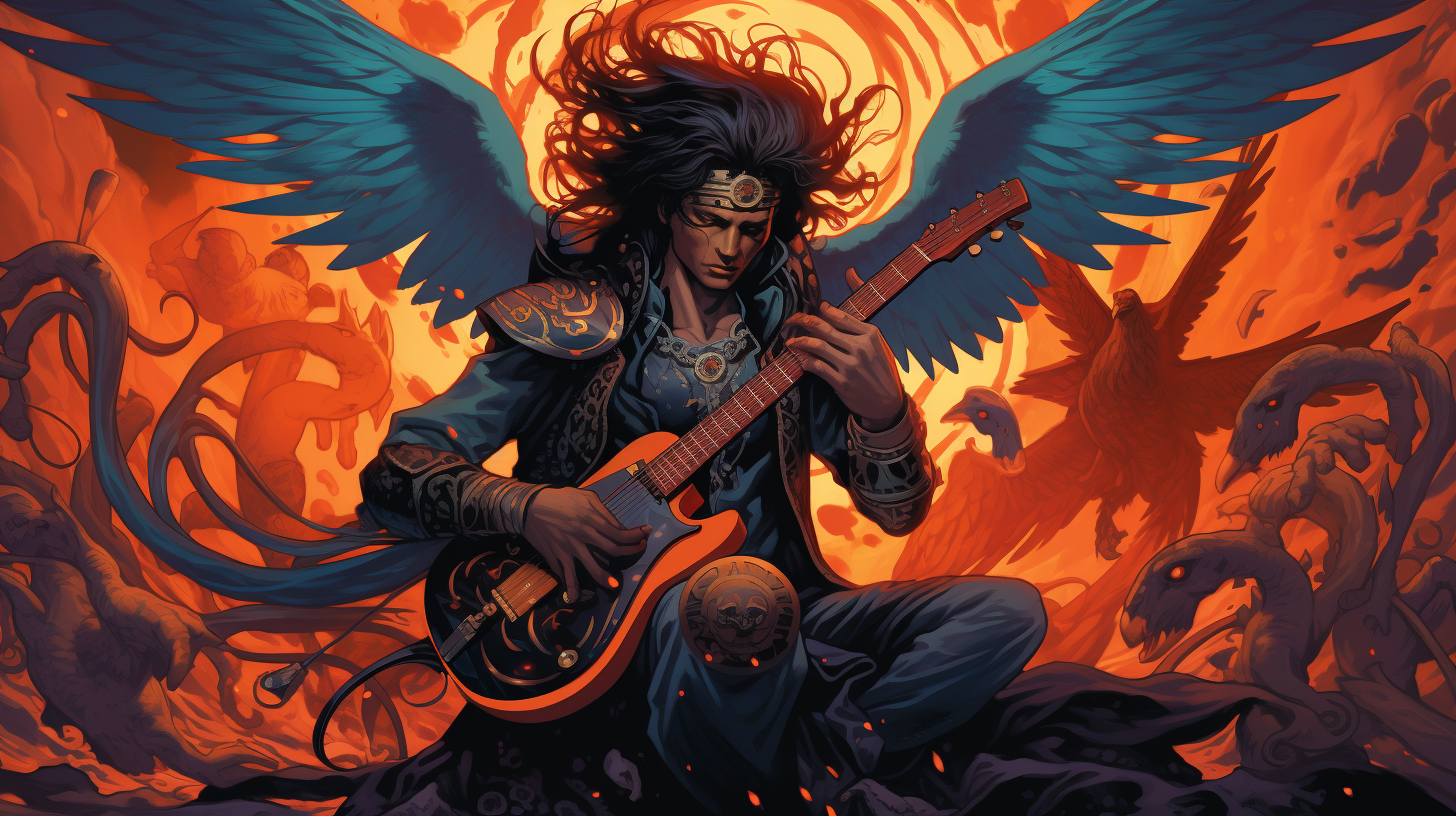 E-guitarist with Phoenix Wings Among Raven Warriors