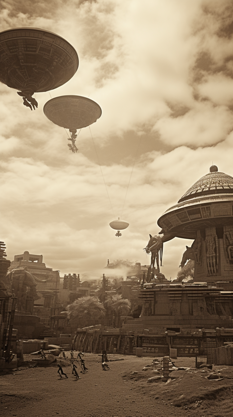 Black and white photo of ancient Egypt with steampunk robots and UFOs