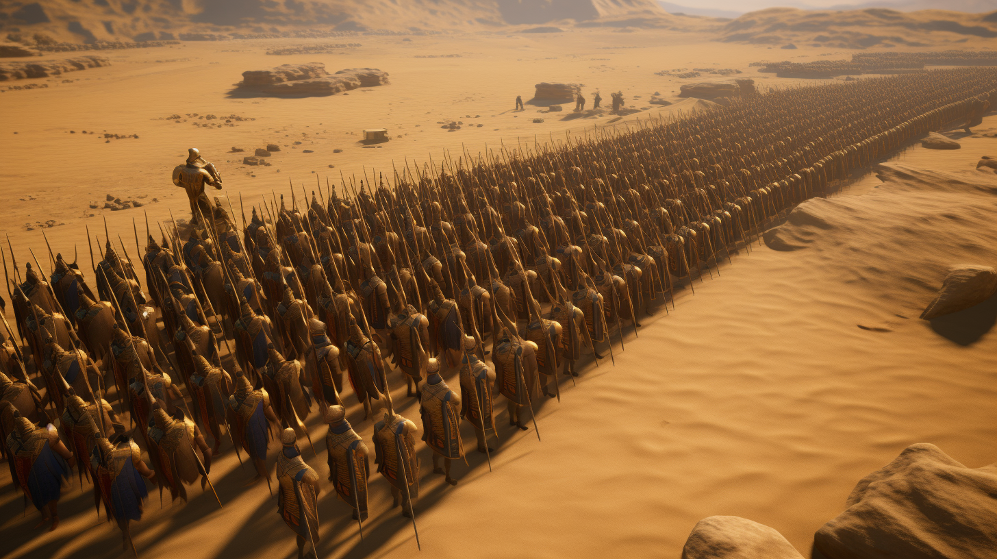 Ancient Egyptian army in formation with golden chariots