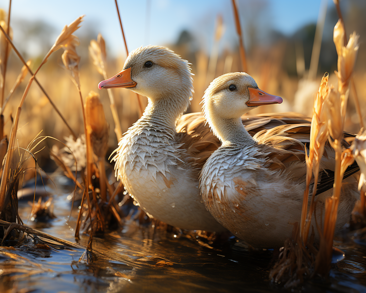 Egyptian geese swimming in shallow water