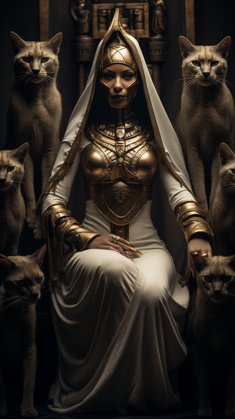 Image of Egyptian Goddess Bastet surrounded by cats