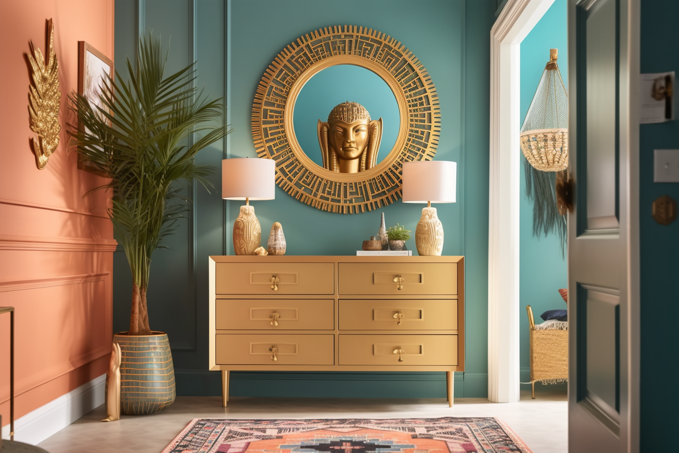 Gold-framed pond mirror above a dresser