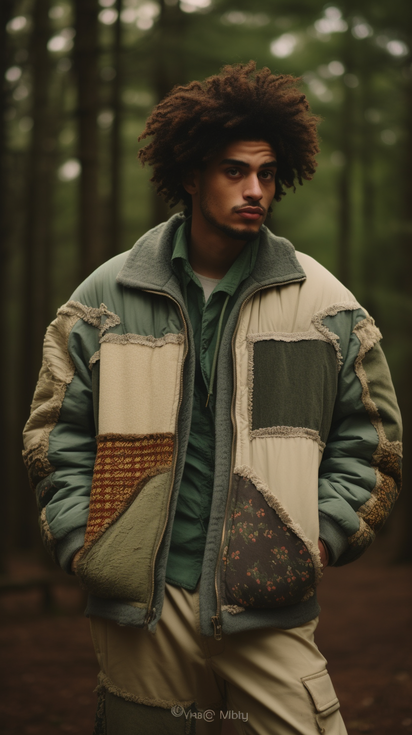 Egyptian male model wearing trendy clothes in autumn forest