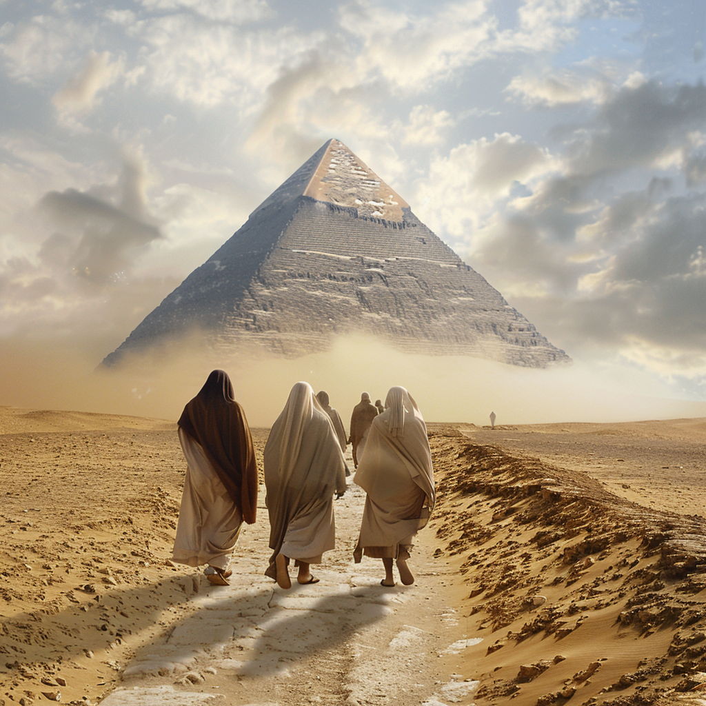 Egyptian people walking towards pyramid sand