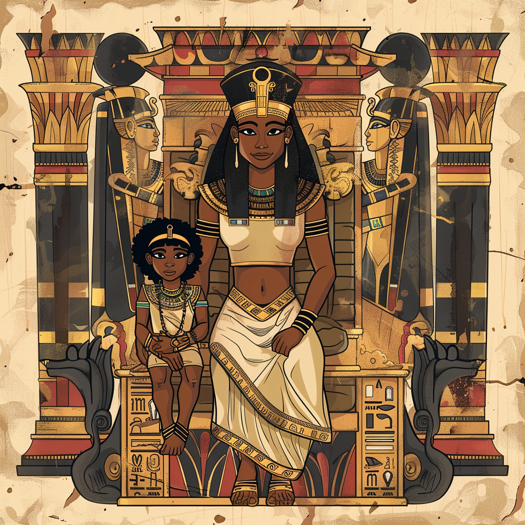 Black African Egyptian Queen Mother and Child Illustration