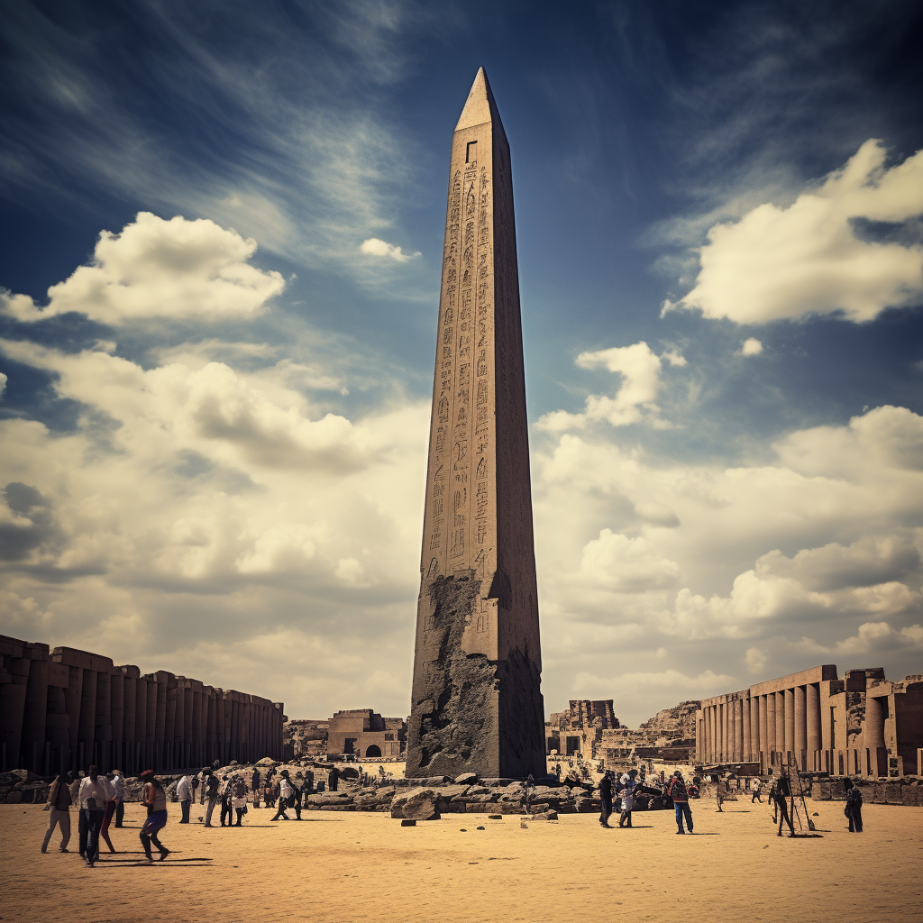 Tall black obelisk in ancient ruin town square