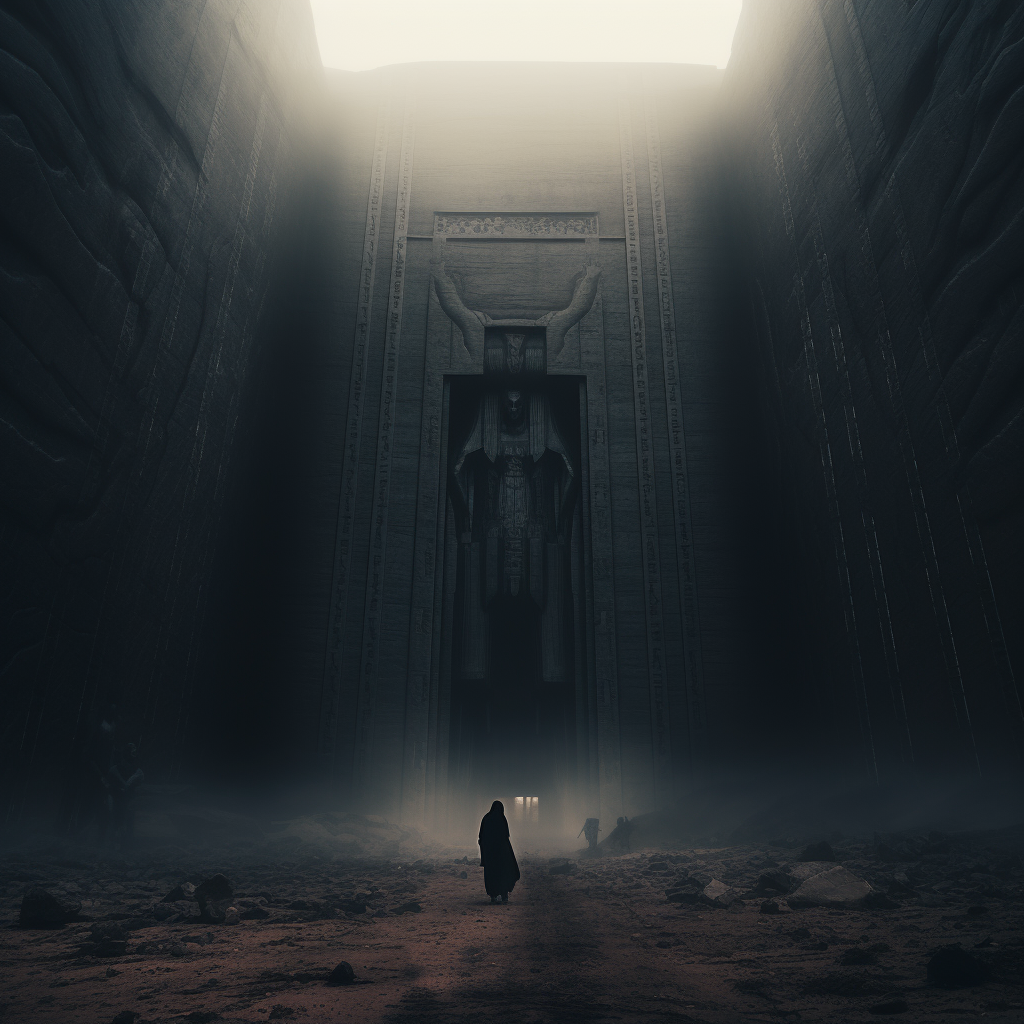 Gigantic Egyptian temple surrounded by eerie fog