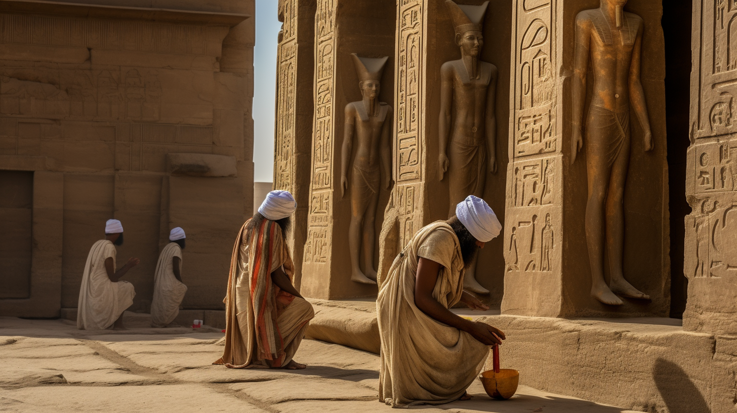 Ancient Egyptians praying at Temple of Hathor