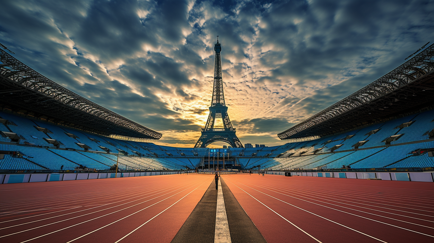 Eifeltower and Olympic Games Athletes on Stadium