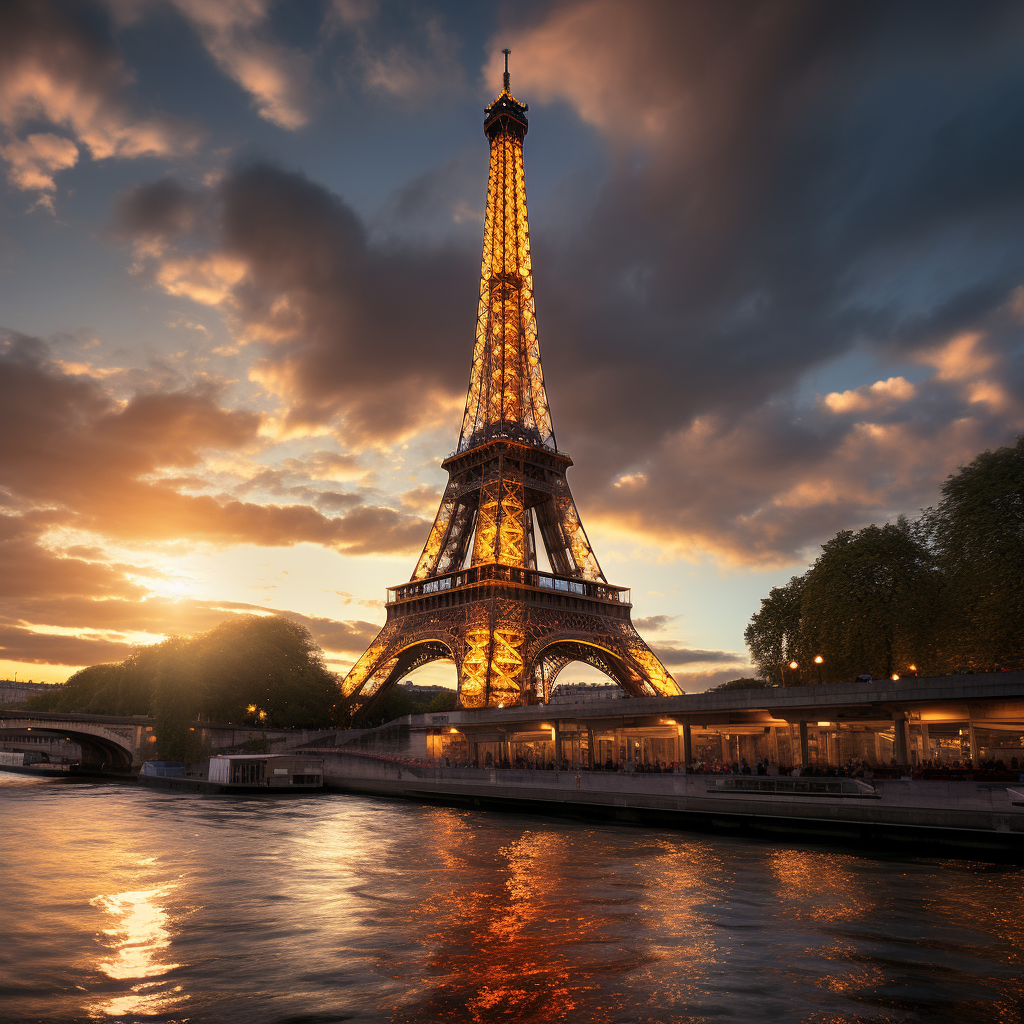 Eiffel Tower illuminated at sunset