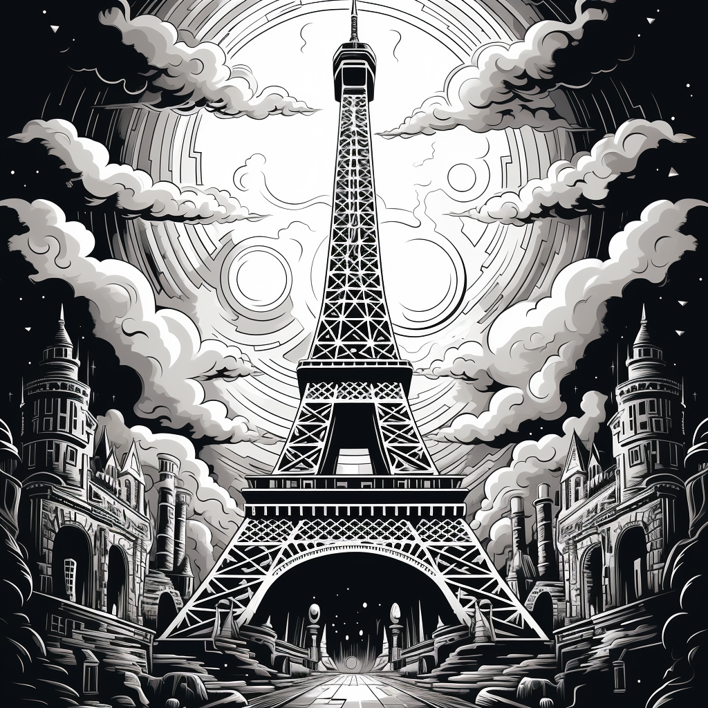 Eiffel Tower retro-futuristic black and white drawing