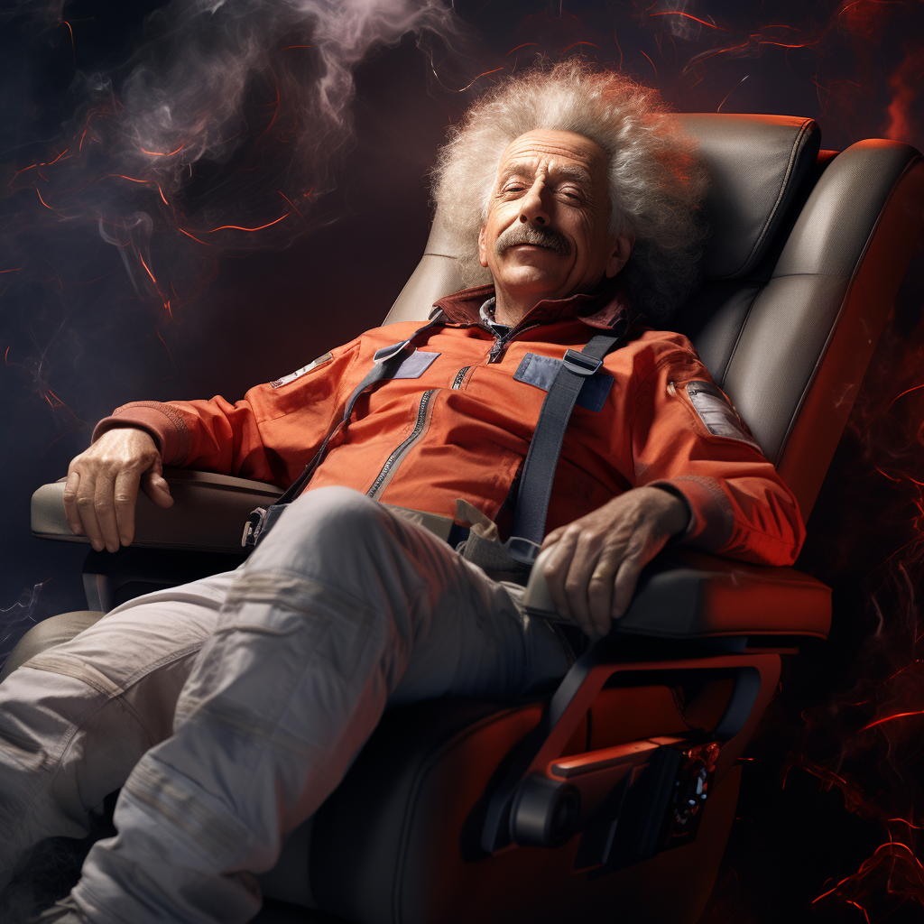 Albert Einstein in Jetpack-Powered Recliner