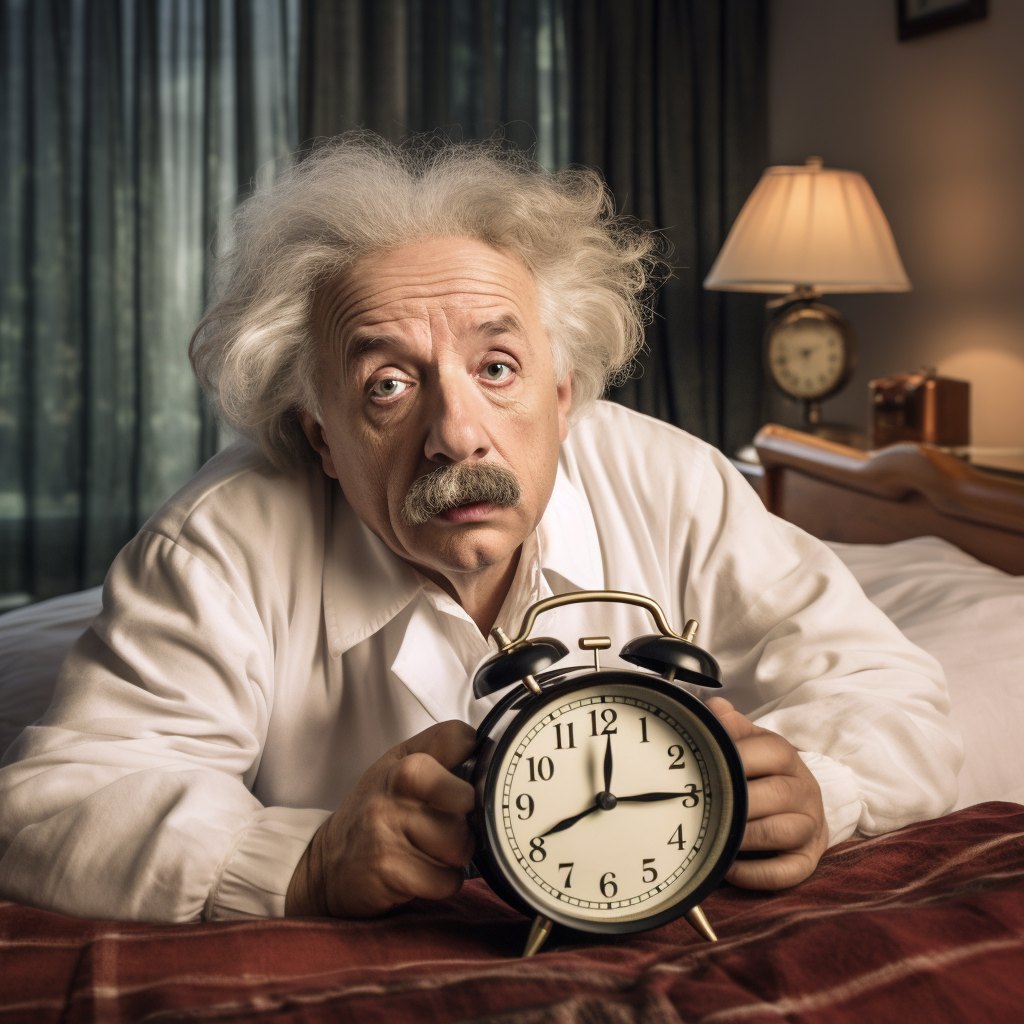 Einstein waking up to an alarm clock