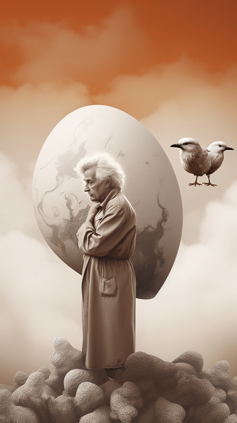 Hyper-realistic Einstein revealing the chicken or egg secret