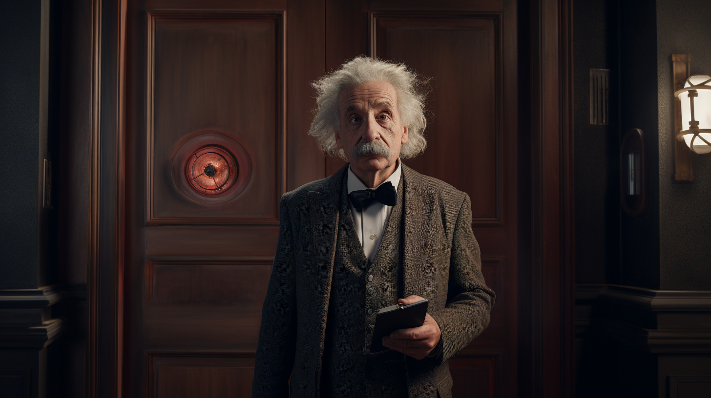 Albert Einstein standing next to a door, pointing towards the future