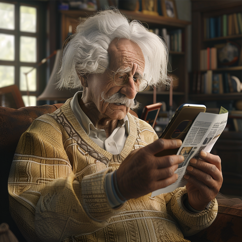 Einstein reading news on smartphone