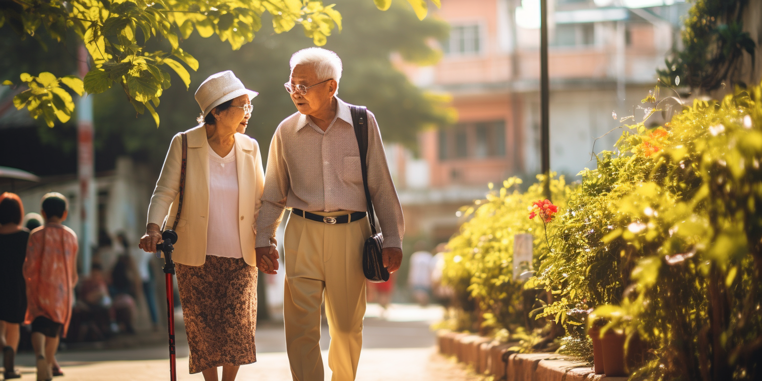 Elderly Asian couple walking in the sun