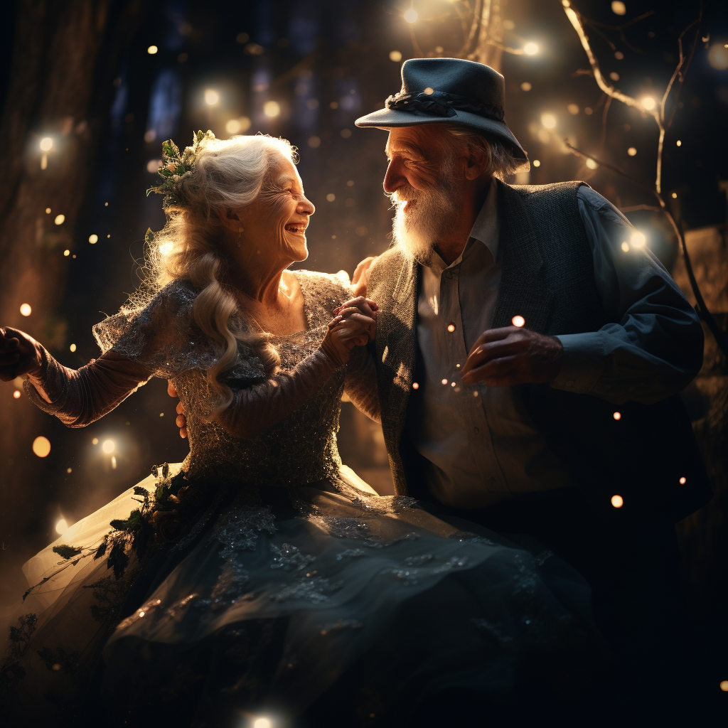 Elderly couple dancing under moonlight with magical creatures