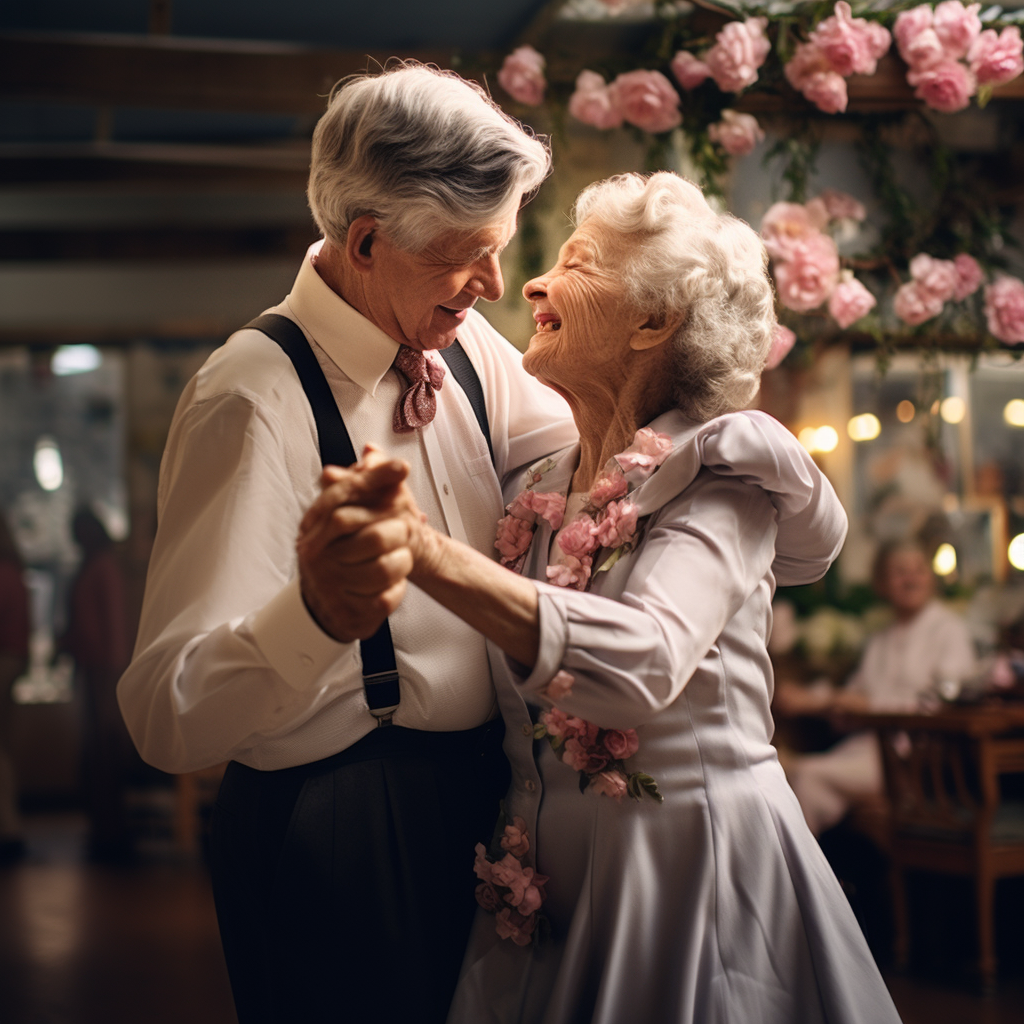 Elderly couple dancing at spring-themed dance