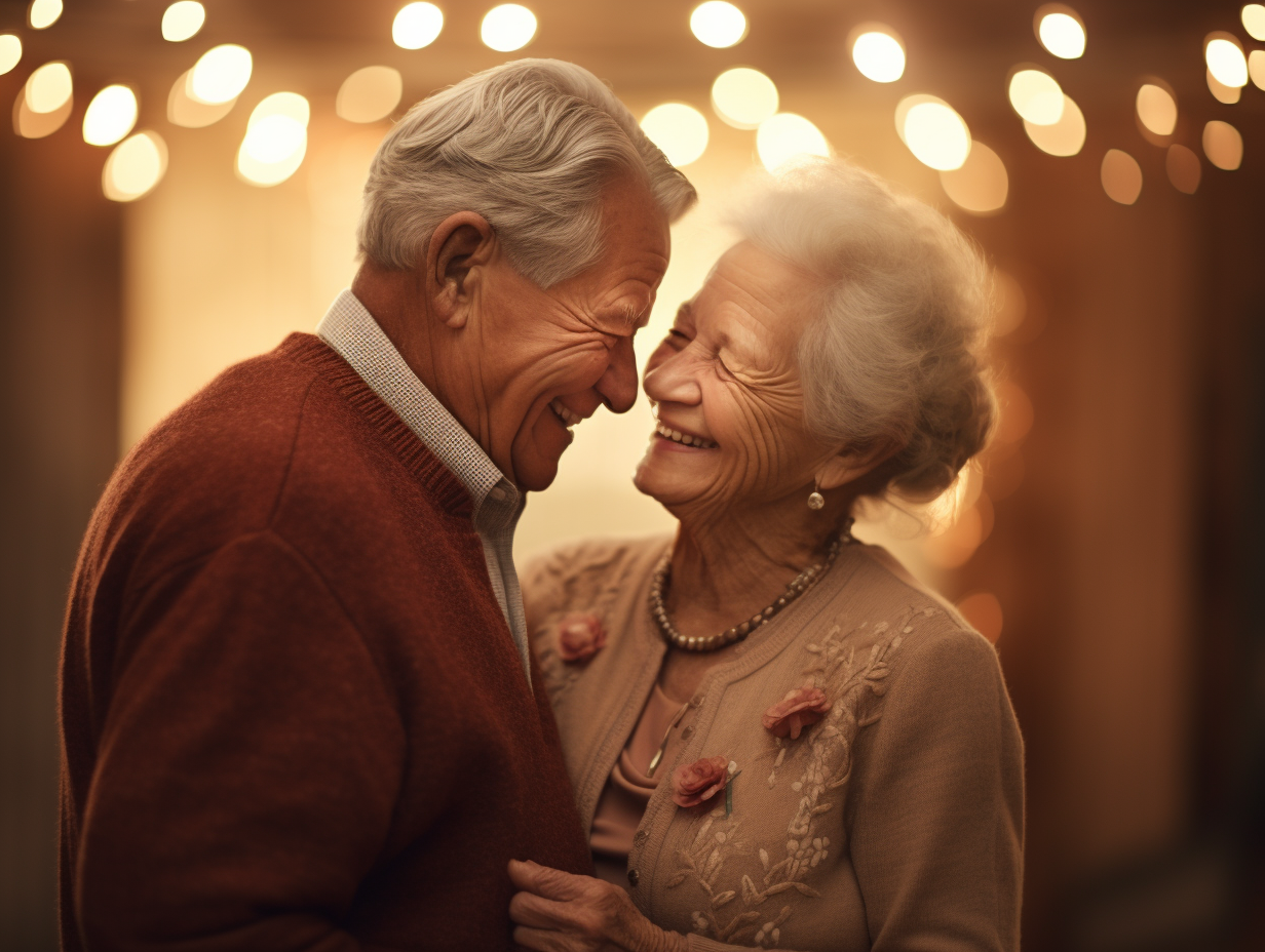 Happy elderly couple laughing and embracing