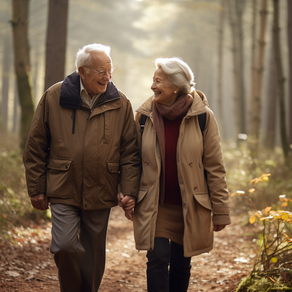 Elderly couple walks in wooded area