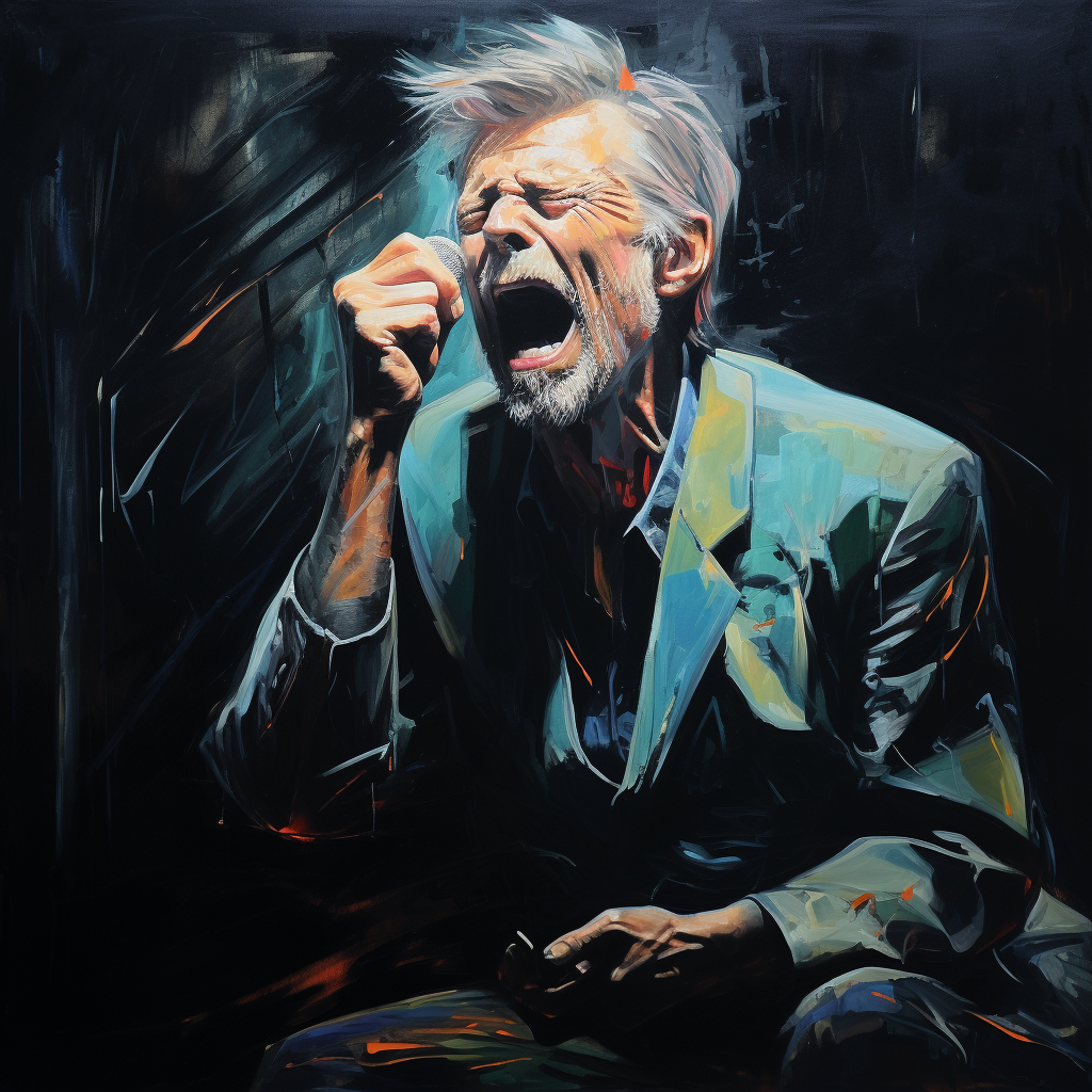 Vibrant image of elderly David Bowie singing