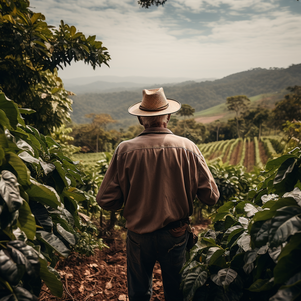 Elderly farmer observes coffee harvest