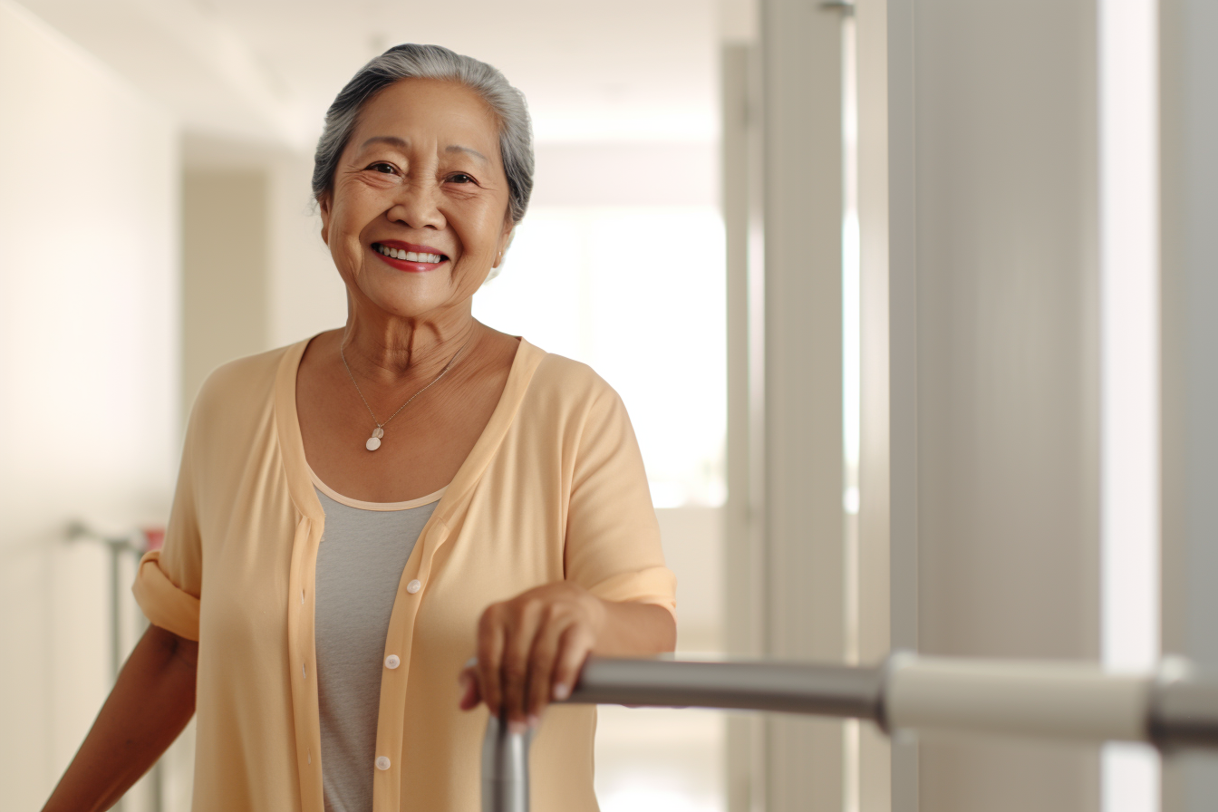 Elderly Filipino woman with grab bars in bathroom