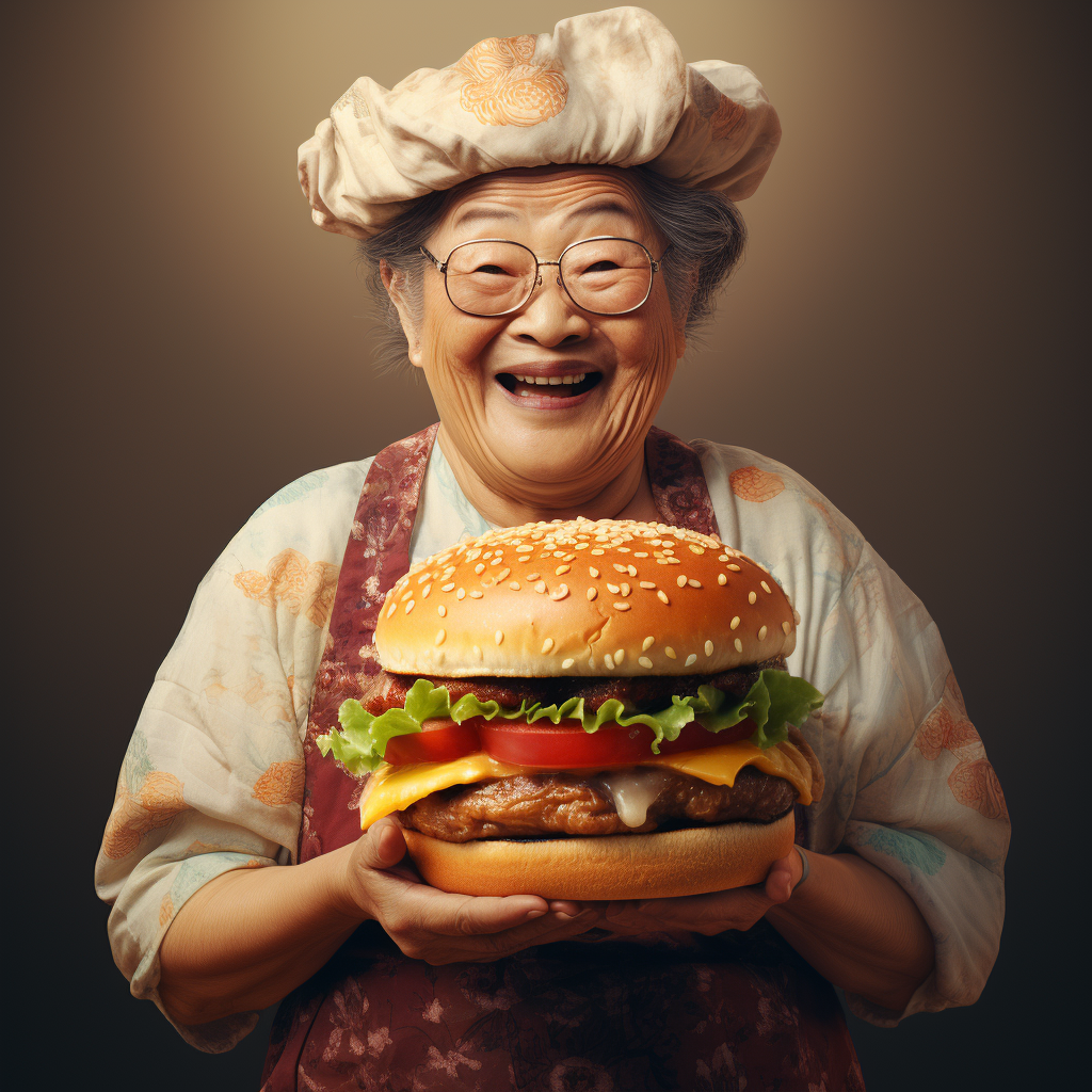 Elderly Japanese woman with hamburger head smiling