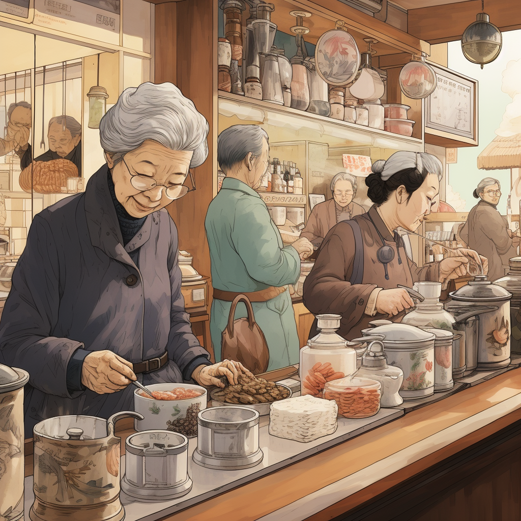 Elderly Japanese woman ordering coffee at café