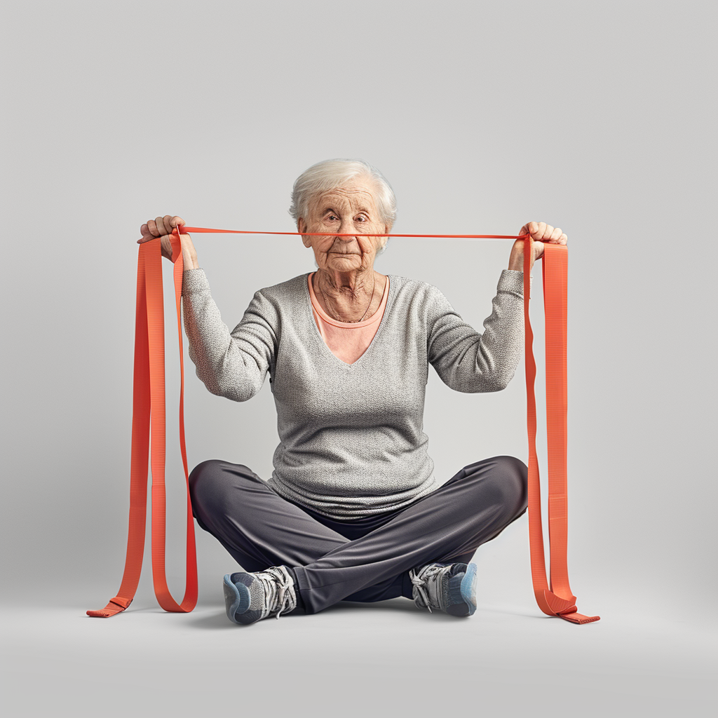 Elderly lady exercising with exercise bands on plain background