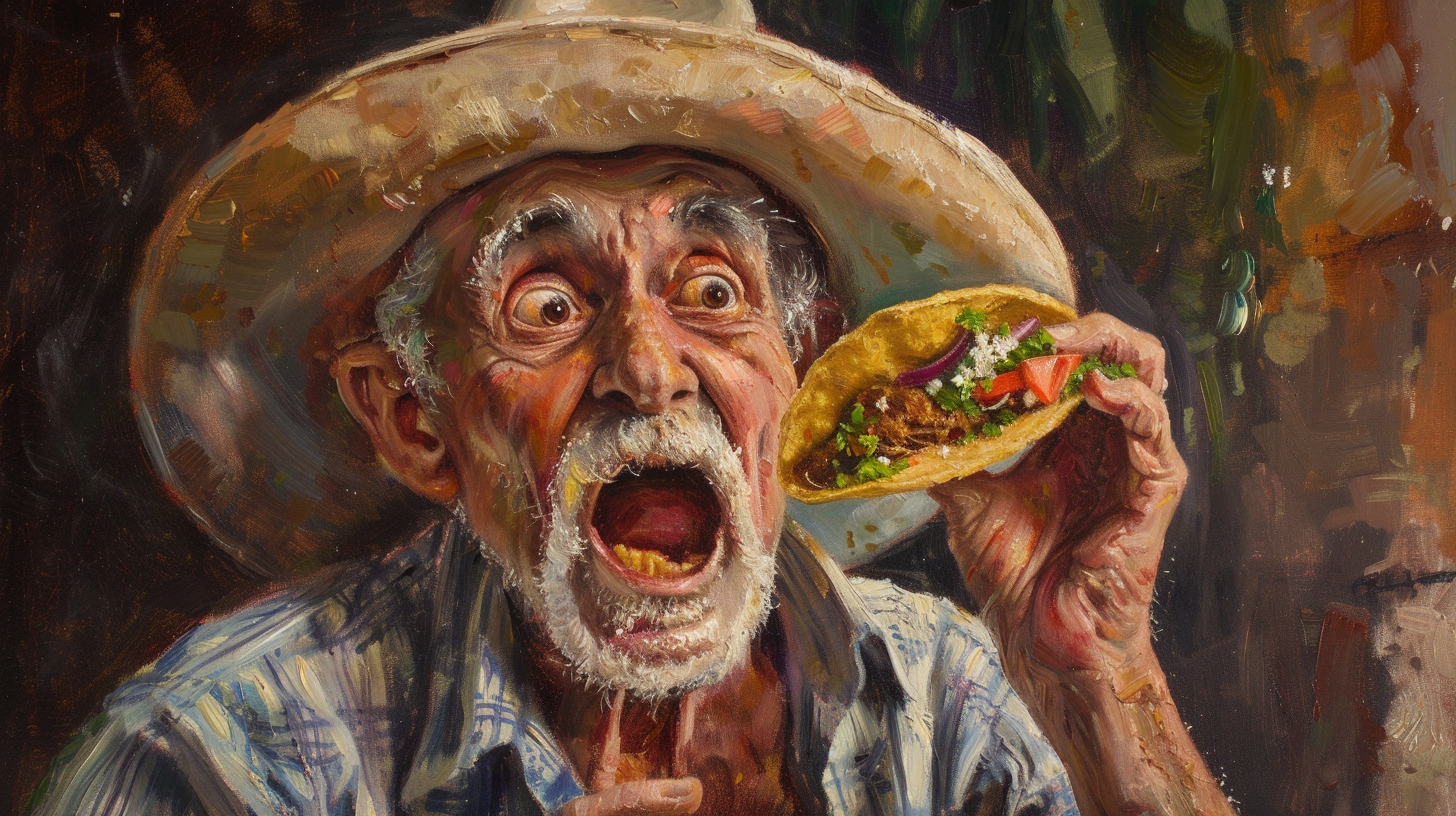 Elderly man eating beef taco with shocked expression