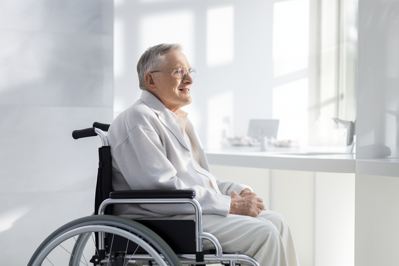 Elderly man in wheelchair in clean bathroom