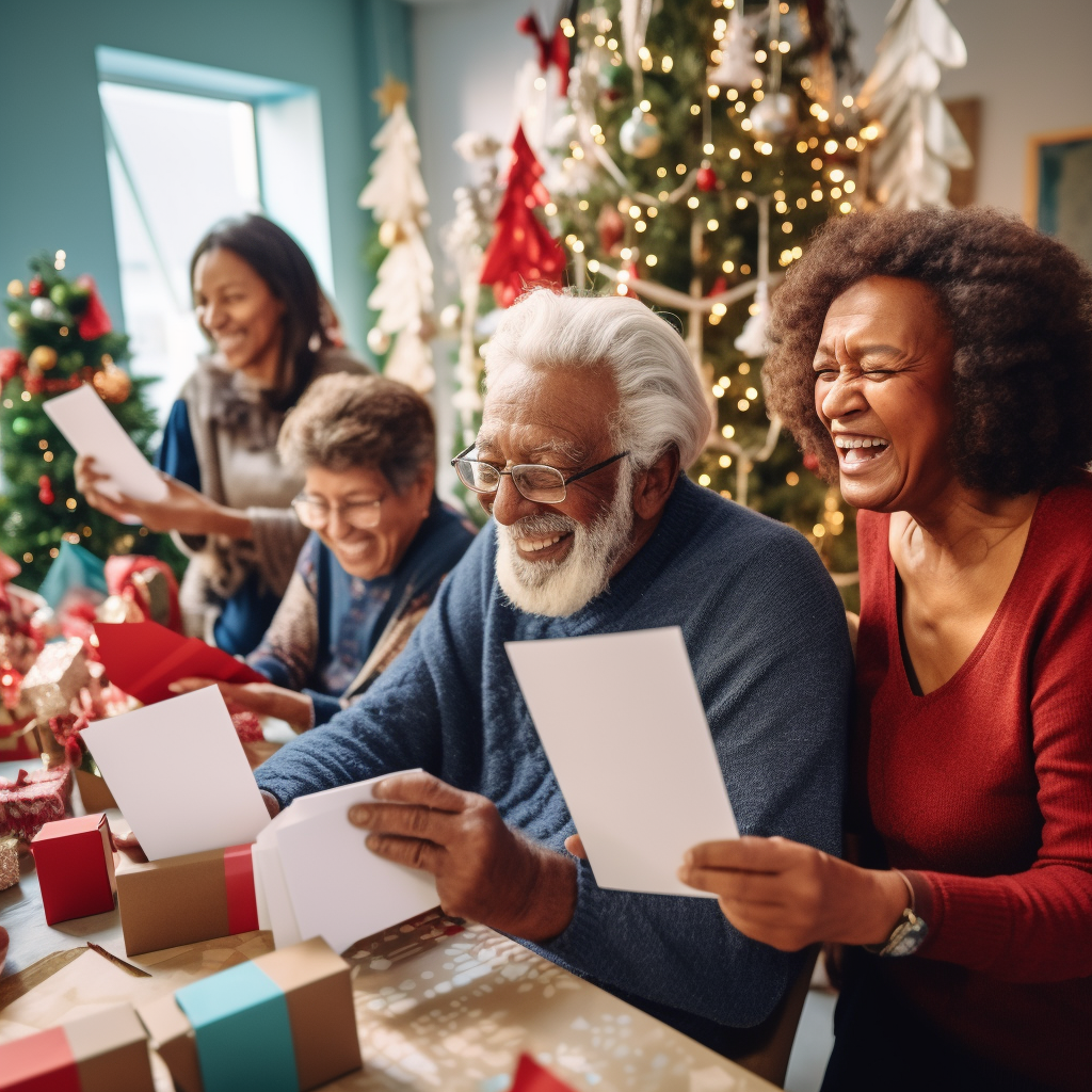 Elderly individuals opening holiday cards and smiling