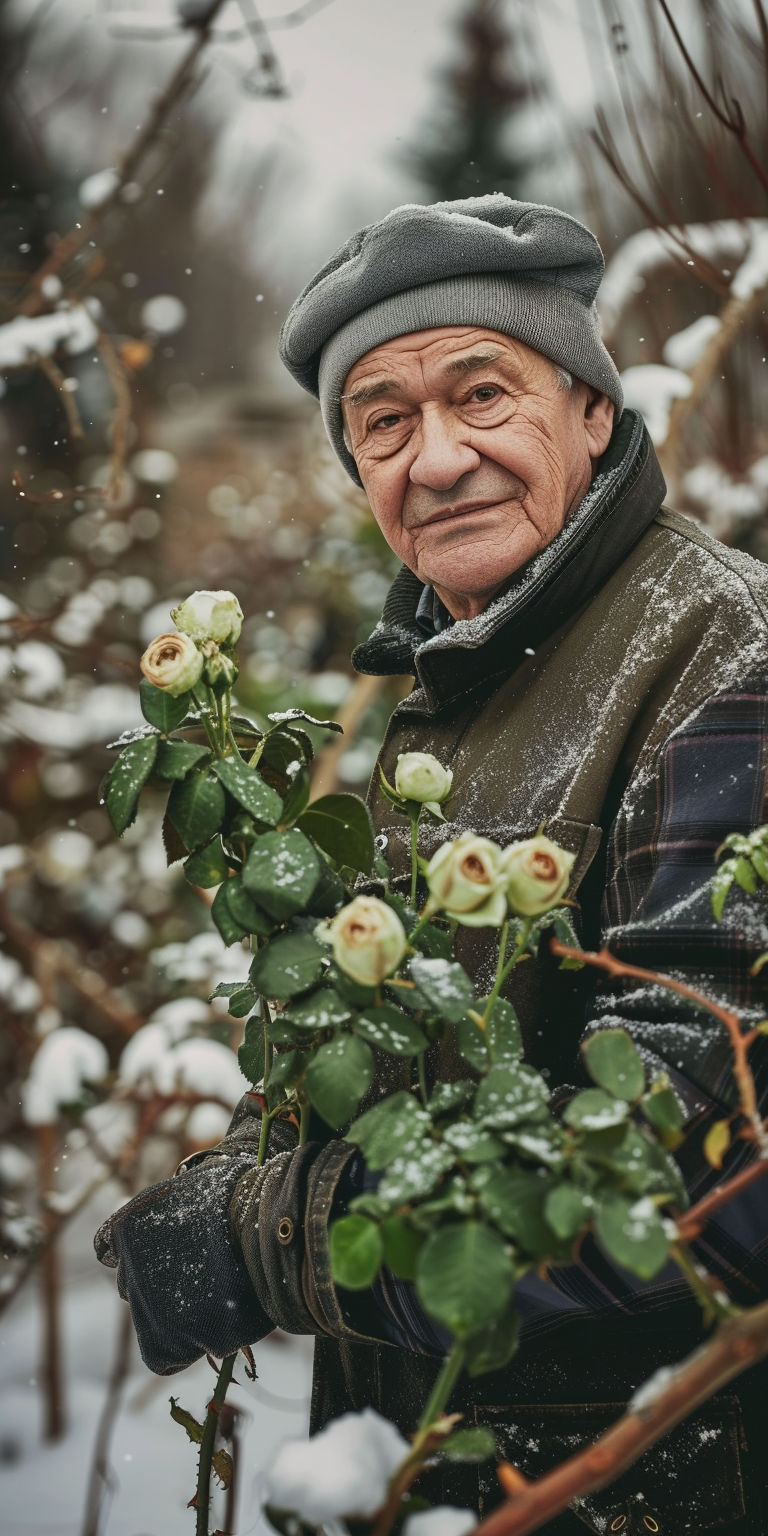 Elderly person growing green roses in garden