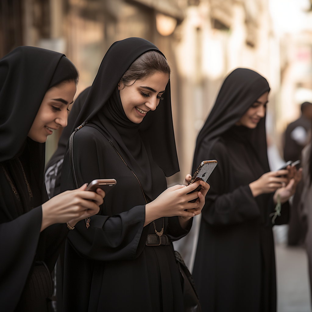 Elderly Saudi woman using iPhone