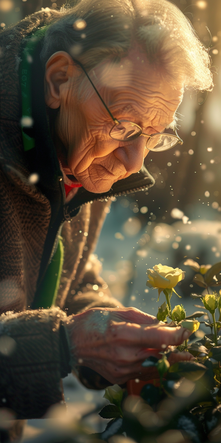 Elderly person growing green roses